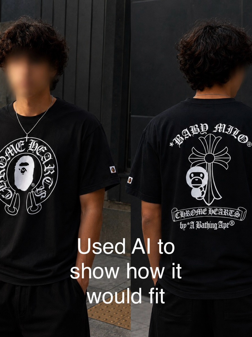Bape Black Tee with White Baby Milo & Chrome Hearts Graphics